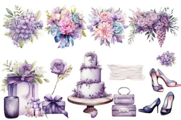 Elegant Watercolor Purple Wedding Elements for Your Projects